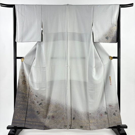 付下 身長159cm 袖長64.5cm M 雙層 落款 草花紋紋 幾何學 金銀彩 漸層 灰色 純蠶絲 名品級
