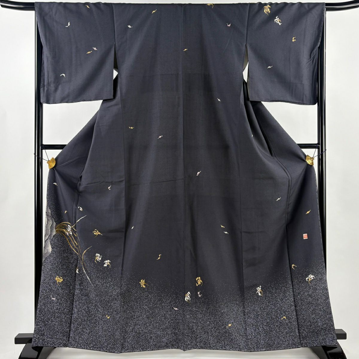 付下 身長163.5cm 袖長67cm M 雙層 紬織織 落款 草花紋葉紋 刺繡 金線 墨 黑 純蠶絲 名品級