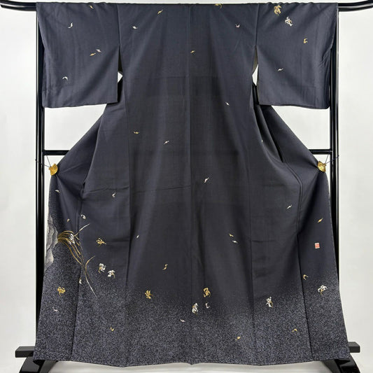付下 身長163.5cm 袖長67cm M 雙層 紬織織 落款 草花紋葉紋 刺繡 金線 墨 黑 純蠶絲 名品級
