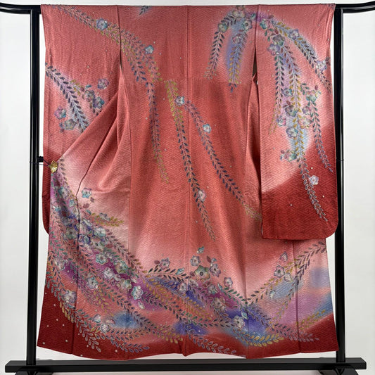 振袖禮服 身長154.5cm 袖長62cm S 雙層 辻花染 地紋 金彩裝飾 染分 粉紅 純蠶絲 名品級