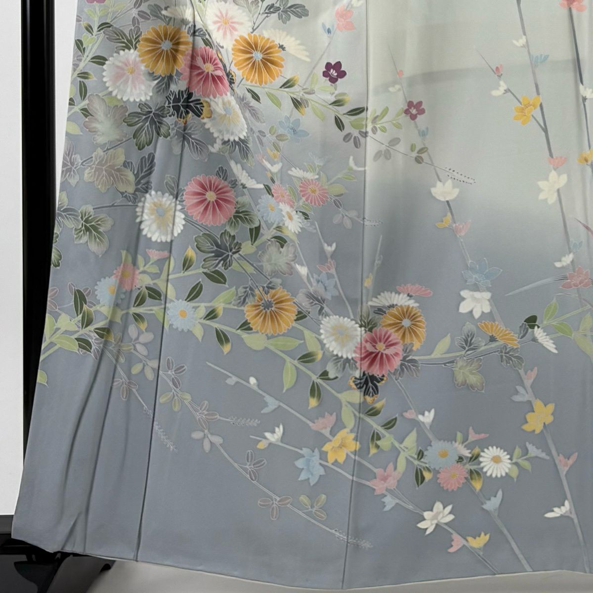 訪問服 身長161cm 袖長67.5cm L 雙層 落款 秋草 漸層 青灰 純蠶絲 名品級
