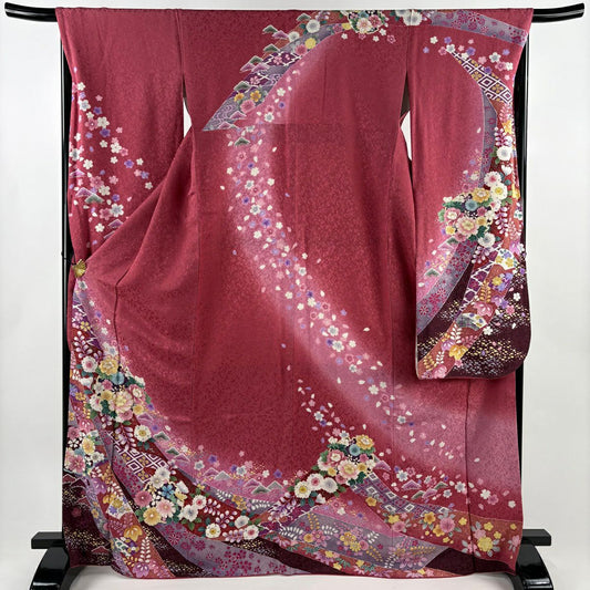 振袖禮服 身長167cm 袖長67.5cm L 雙層 花丸紋 熨斗紋 金通 金銀彩 濃粉紅 純蠶絲 名品級