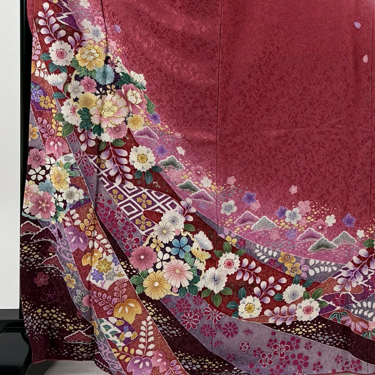 振袖禮服 身長167cm 袖長67.5cm L 雙層 花丸紋 熨斗紋 金通 金銀彩 濃粉紅 純蠶絲 名品級