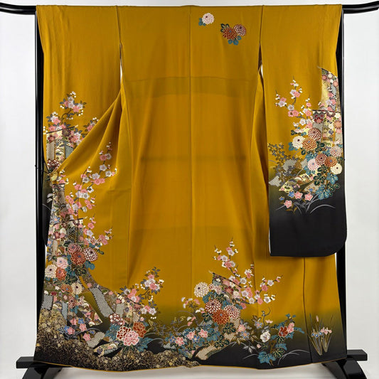 振袖禮服 身長160.5cm 袖長65.5cm M 雙層 菊花 几帳 刺繡 金彩裝飾 山吹 純蠶絲 名品級