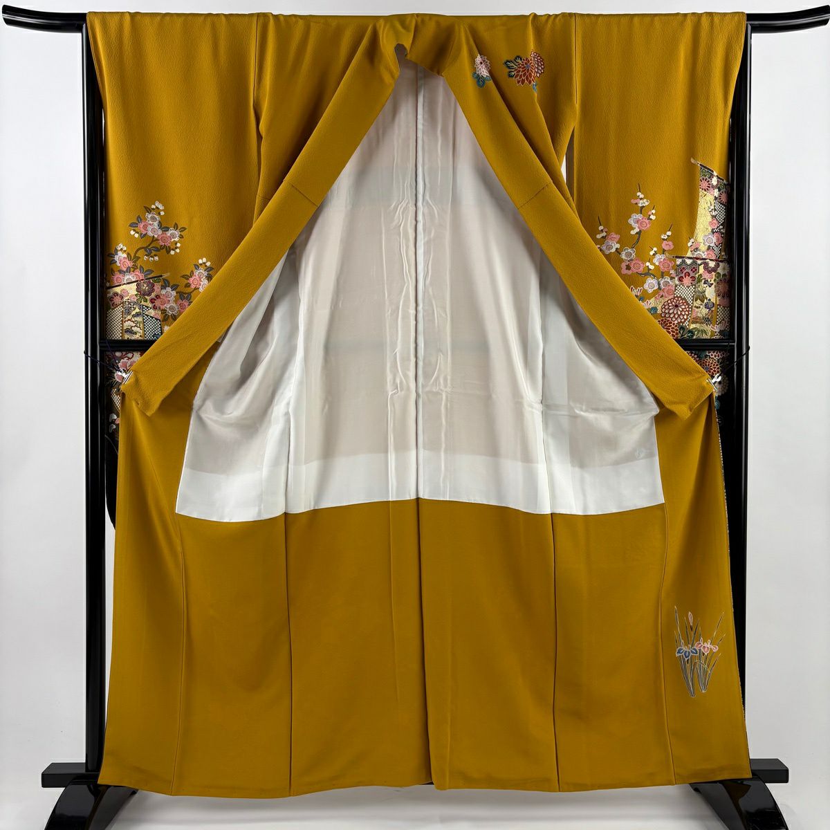 振袖禮服 身長160.5cm 袖長65.5cm M 雙層 菊花 几帳 刺繡 金彩裝飾 山吹 純蠶絲 名品級