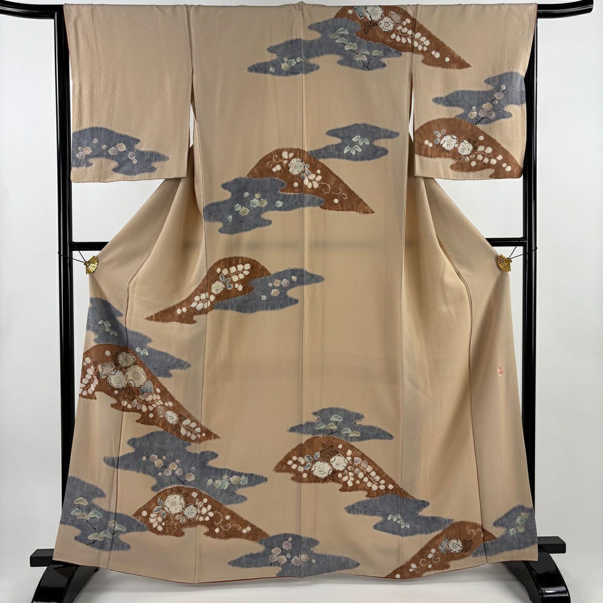 訪問服 身長163.5cm 袖長65cm M 雙層 滝泰 有落款 辻花染 絞染 米色 純蠶絲 名品級