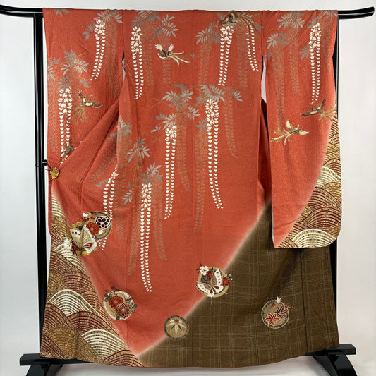 【美品】振袖禮服 身長161cm 袖長64.5cm M 雙層 蝶 草花紋 金通 金銀彩 鮭粉色 純蠶絲 名品級