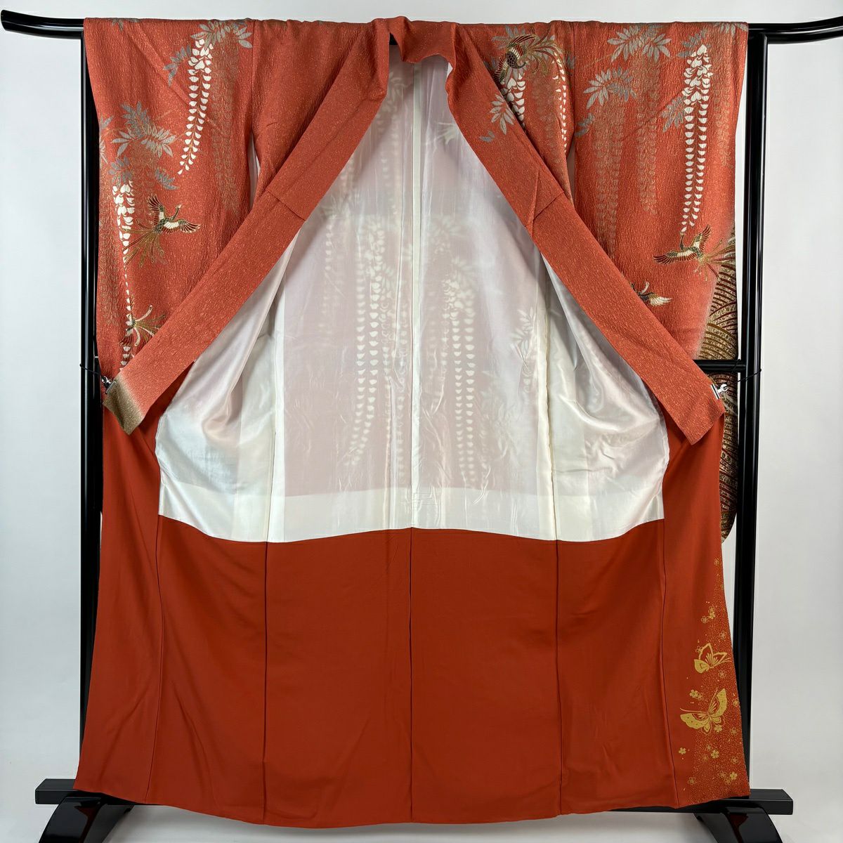 【美品】振袖禮服 身長161cm 袖長64.5cm M 雙層 蝶 草花紋 金通 金銀彩 鮭粉色 純蠶絲 名品級
