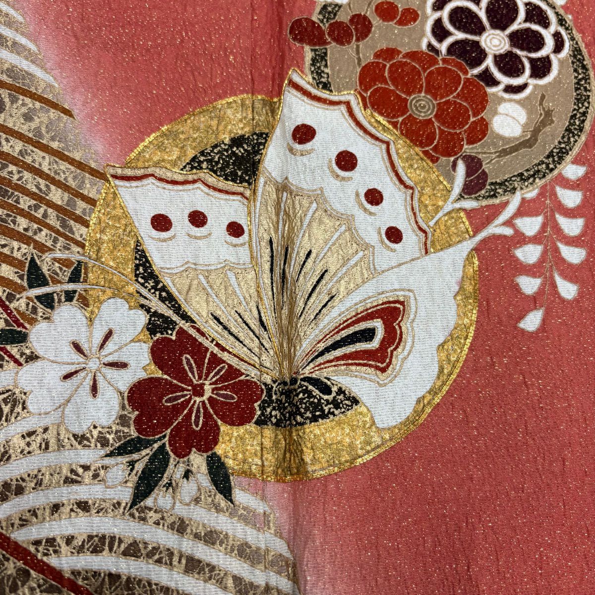 【美品】振袖禮服 身長161cm 袖長64.5cm M 雙層 蝶 草花紋 金通 金銀彩 鮭粉色 純蠶絲 名品級