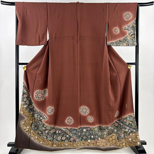 訪問服 身長162cm 袖長66cm M 雙層 落款あり 華紋 草花紋紋 金糸刺繡 小豆色 純蠶絲 名品級