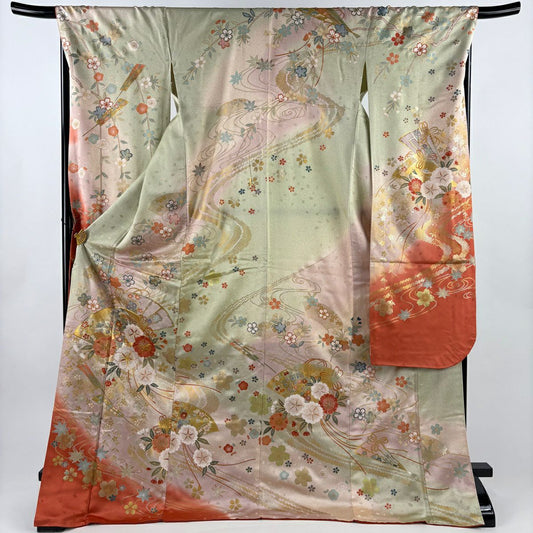 振袖禮服 身長176cm 袖長68.5cm L 雙層 扇子面 櫻花 金絲 金銀彩 淺粉色 純蠶絲 名品級
