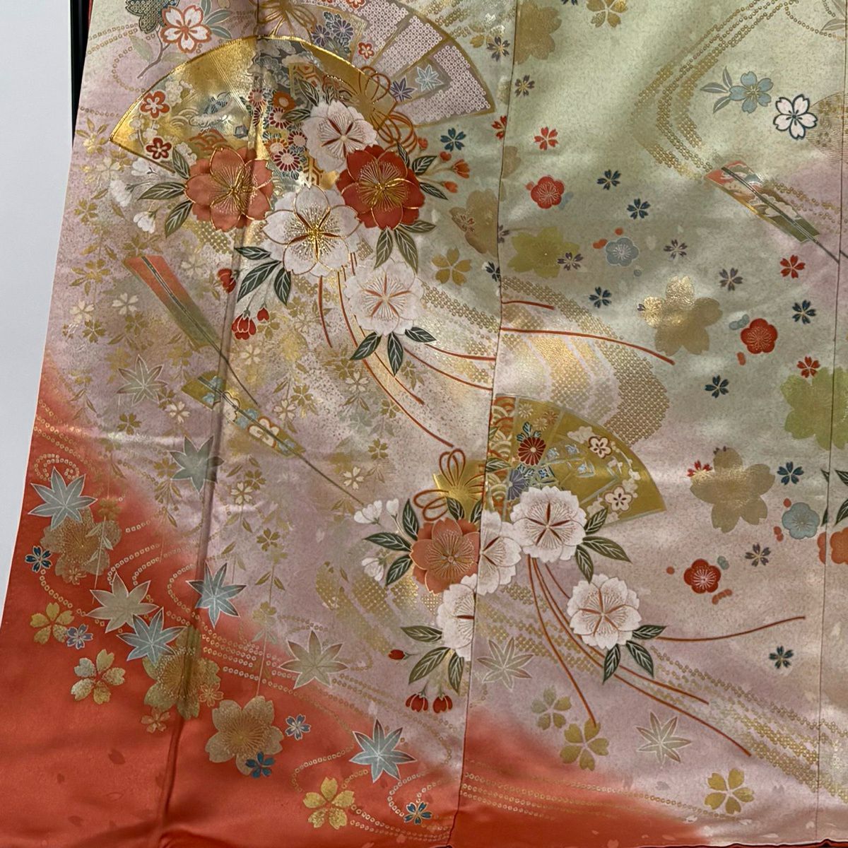 振袖禮服 身長176cm 袖長68.5cm L 雙層 扇子面 櫻花 金絲 金銀彩 淺粉色 純蠶絲 名品級