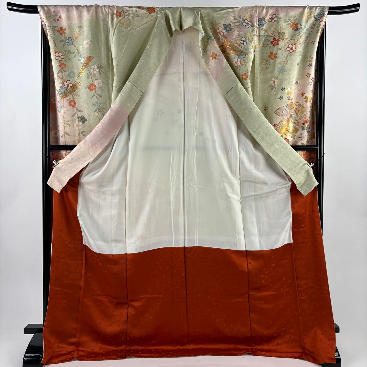 振袖禮服 身長176cm 袖長68.5cm L 雙層 扇子面 櫻花 金絲 金銀彩 淺粉色 純蠶絲 名品級