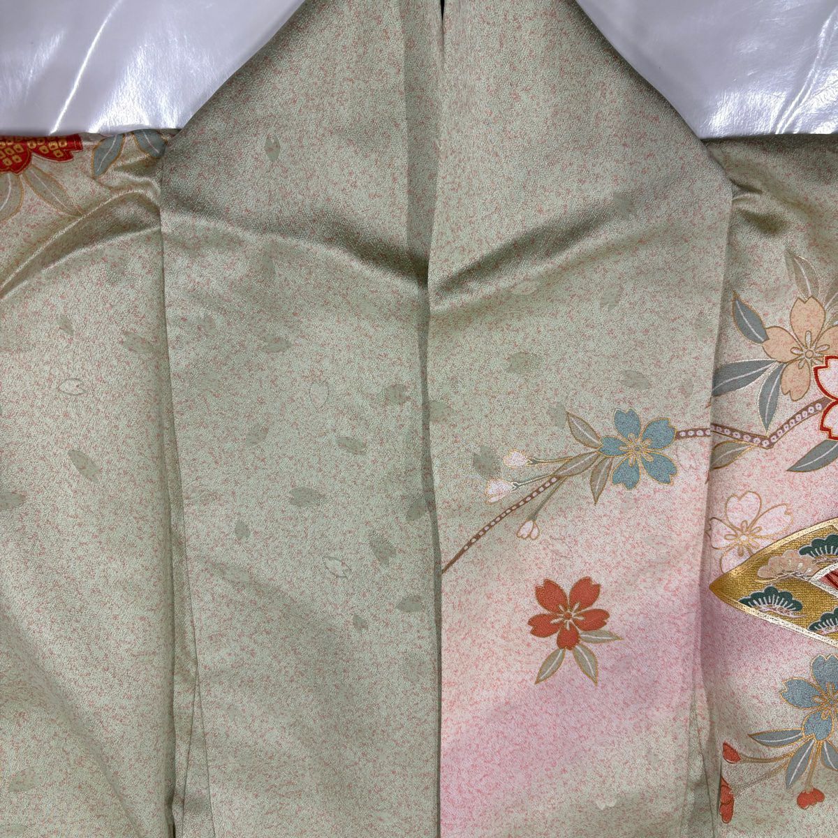 振袖禮服 身長176cm 袖長68.5cm L 雙層 扇子面 櫻花 金絲 金銀彩 淺粉色 純蠶絲 名品級