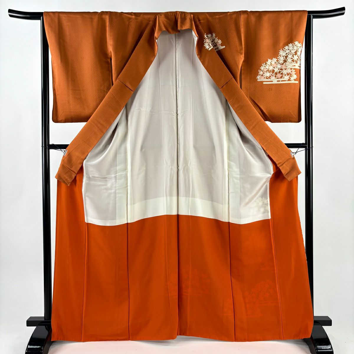 付下 身長165.5cm 袖長64.5cm M 雙層 吾妻德穗 落款あり 橘 ヱ霞 金絲 金銀彩 紅茶 純蠶絲 名品級 一つ紋