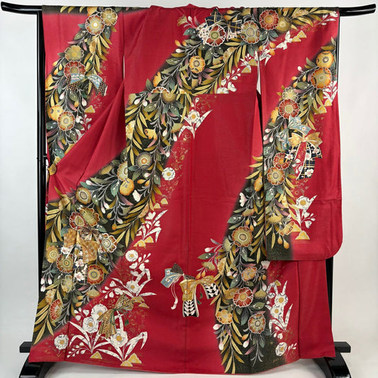 振袖禮服 身長168.5cm 袖長66.5cm M 雙層 蝴蝶結 草花紋紋 金銀彩 銀通 茜 純蠶絲 名品級