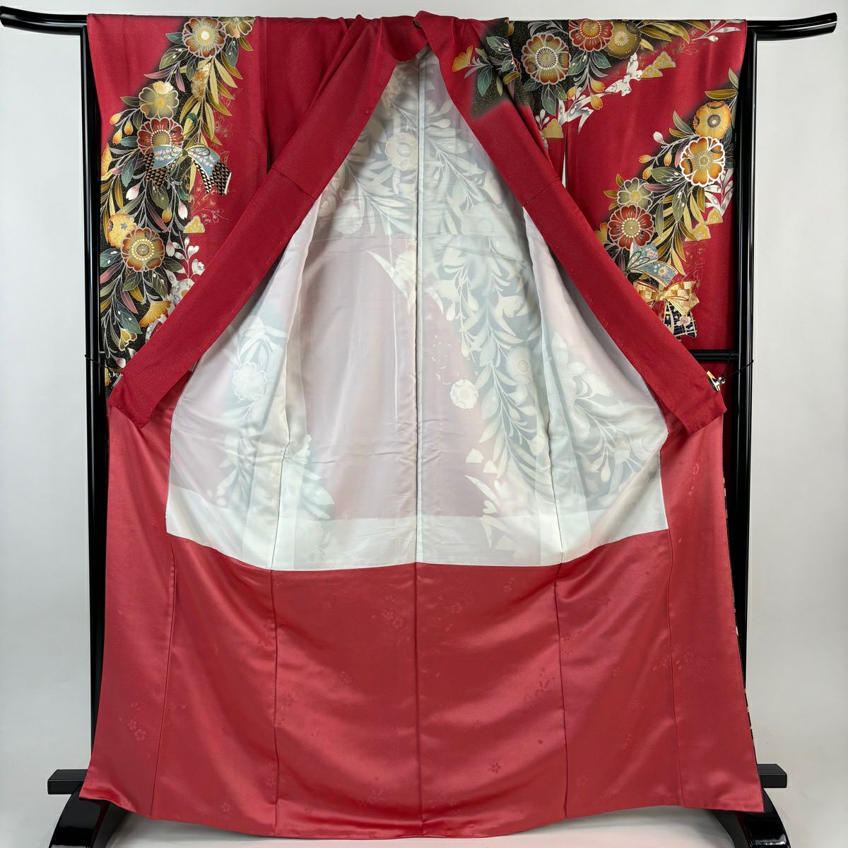 振袖禮服 身長168.5cm 袖長66.5cm M 雙層 蝴蝶結 草花紋紋 金銀彩 銀通 茜 純蠶絲 名品級