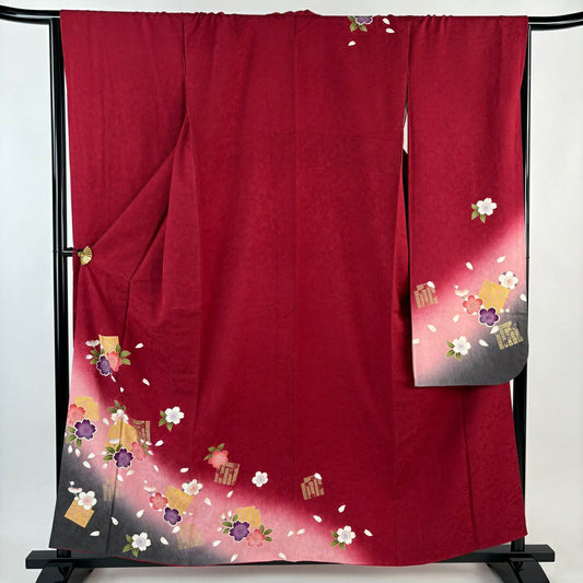 振袖禮服 身長157.5cm 袖長65.5cm M 雙層 源氏香 櫻花 金銀彩 漸層 紅 純蠶絲 名品級
