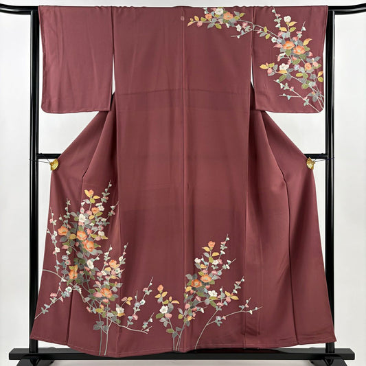 訪問服 身長155.5cm 袖長63cm S 雙層 落款あり 枝花 紅紫 純蠶絲 名品級 一つ紋