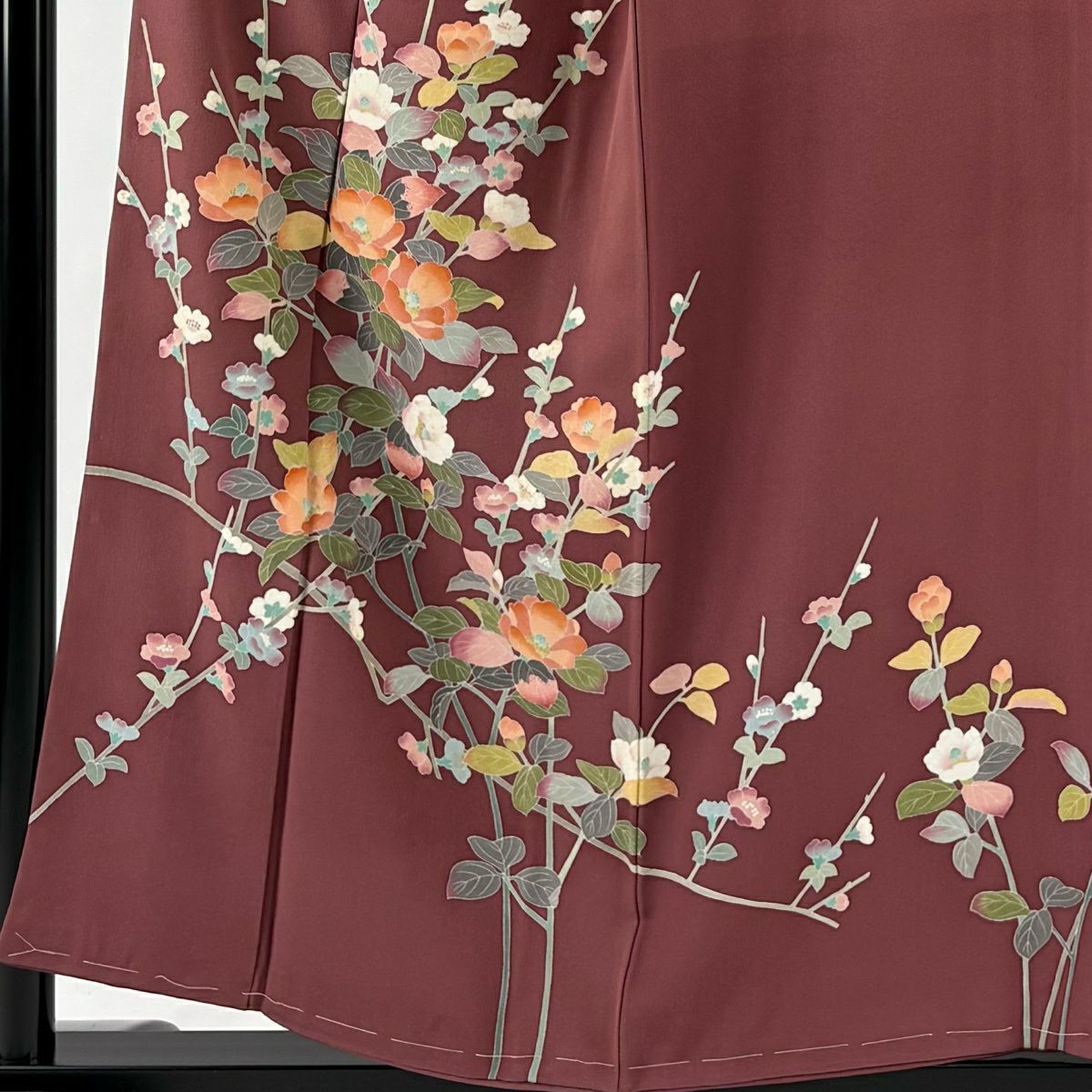 訪問服 身長155.5cm 袖長63cm S 雙層 落款あり 枝花 紅紫 純蠶絲 名品級 一つ紋