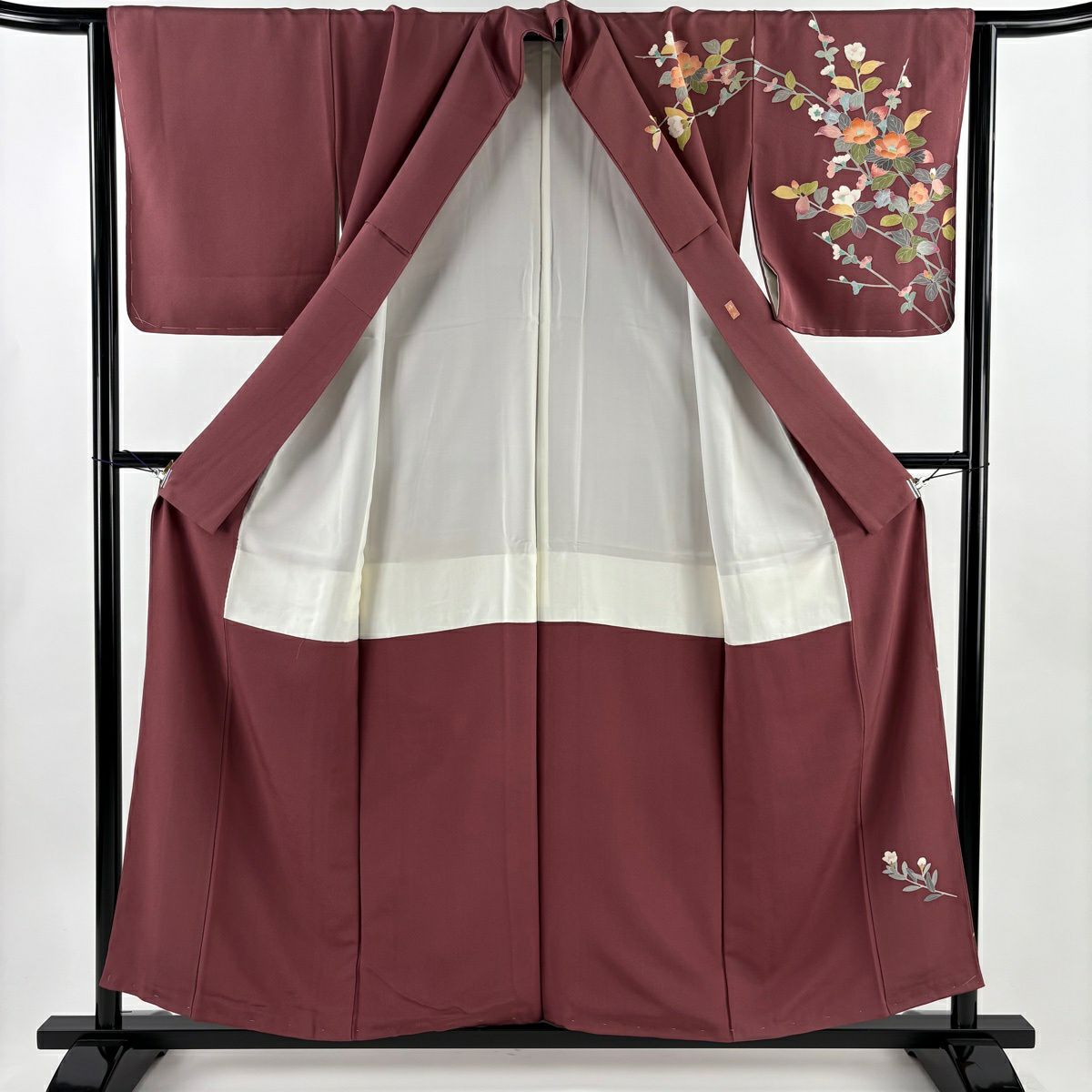 訪問服 身長155.5cm 袖長63cm S 雙層 落款あり 枝花 紅紫 純蠶絲 名品級 一つ紋