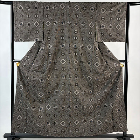 紬織 身長158.5cm 袖長64cm M 雙層 菊花 菱 焦茶 純蠶絲 名品級