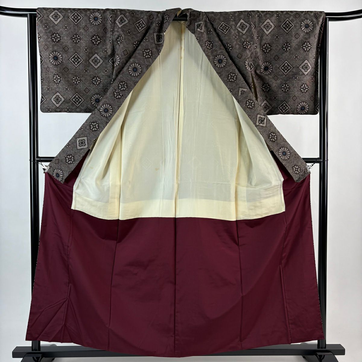 紬織 身長158.5cm 袖長64cm M 雙層 菊花 菱 焦茶 純蠶絲 名品級