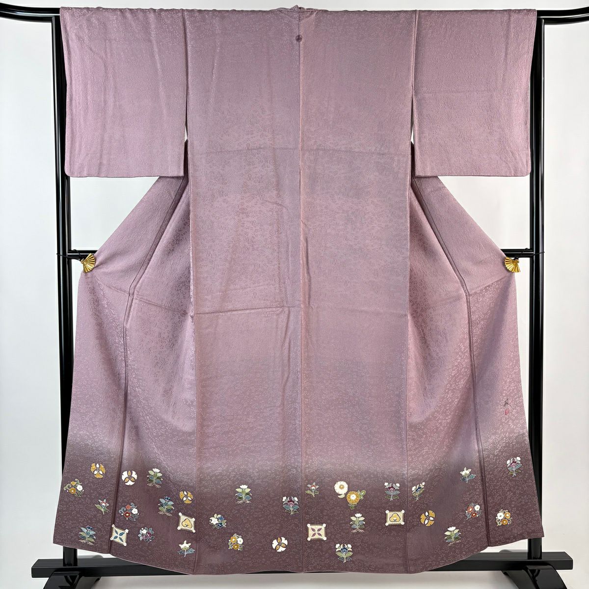【美品】 付下 身長156.5cm 袖長65.5cm M 雙層 落款あり 草花紋紋 ぼかし 紫 純蠶絲 名品級 一つ紋