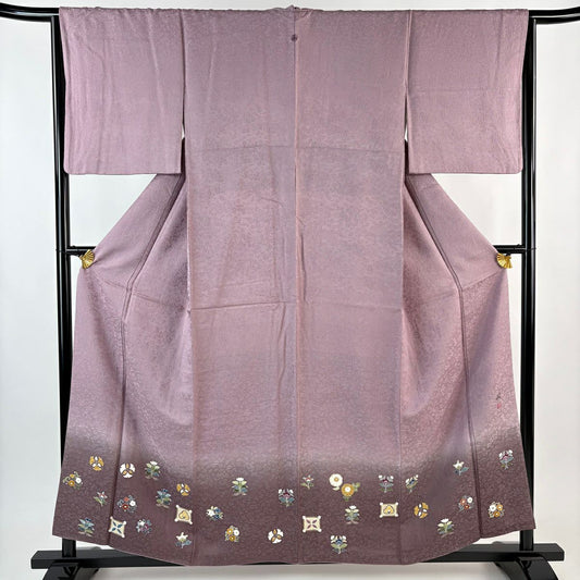 【美品】 付下 身長156.5cm 袖長65.5cm M 雙層 落款あり 草花紋紋 ぼかし 紫 純蠶絲 名品級 一つ紋
