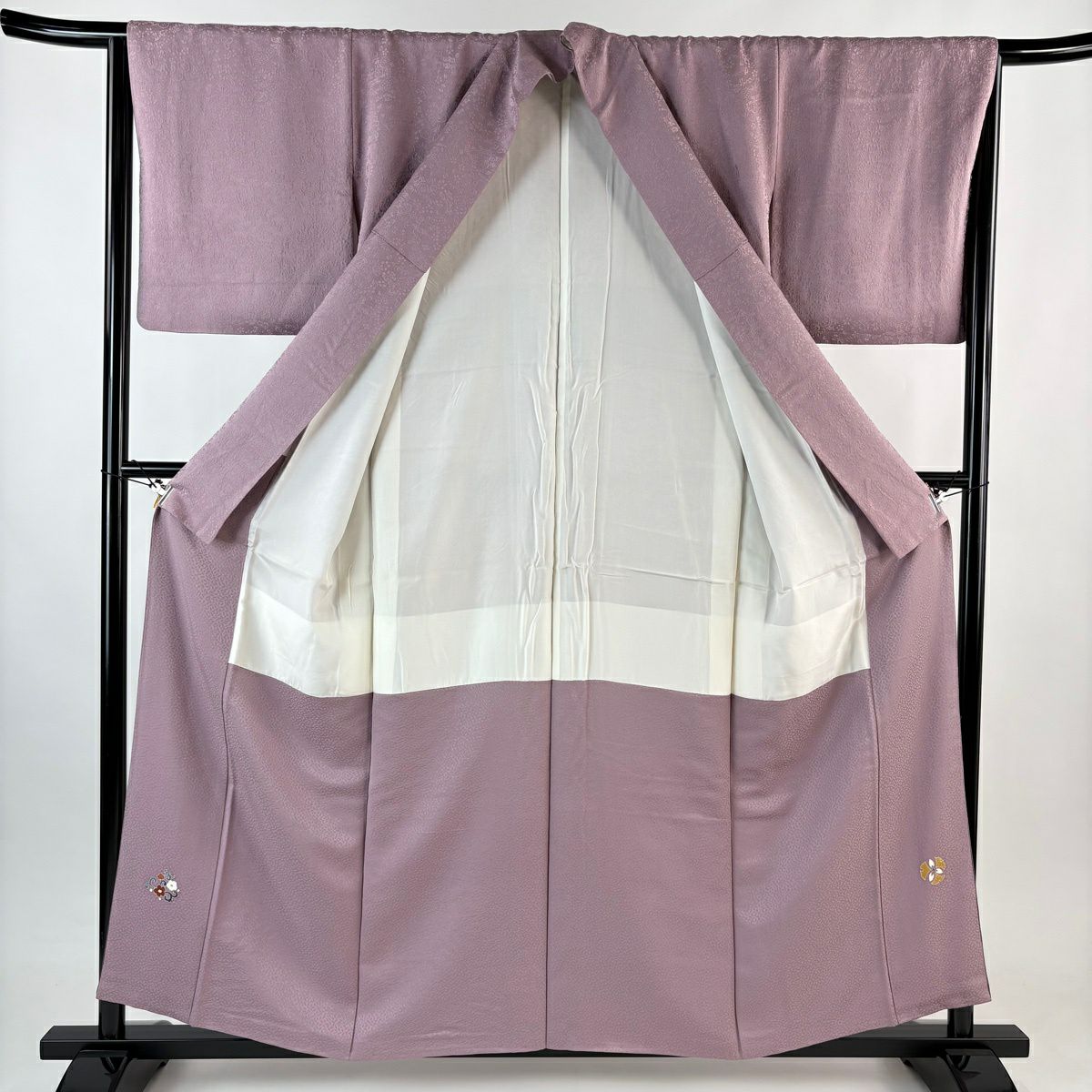 【美品】 付下 身長156.5cm 袖長65.5cm M 雙層 落款あり 草花紋紋 ぼかし 紫 純蠶絲 名品級 一つ紋