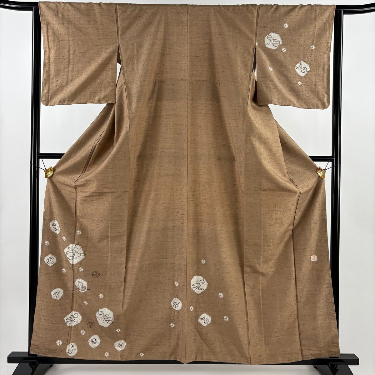 【美品】 付下 身長160.5cm 袖長63.5cm S 雙層 紬織織 落款あり 瓢箪 野菜 山吹茶 純蠶絲 名品級