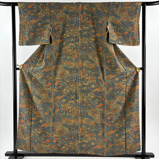【美品】 小紋 身長157.5cm 袖長61cm S 雙層 草花紋紋 鳥 茶綠 純蠶絲 優品級
