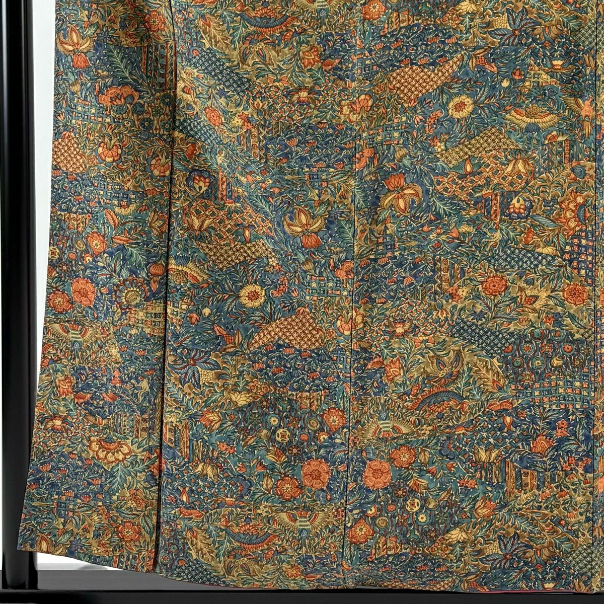 【美品】 小紋 身長157.5cm 袖長61cm S 雙層 草花紋紋 鳥 茶綠 純蠶絲 優品級