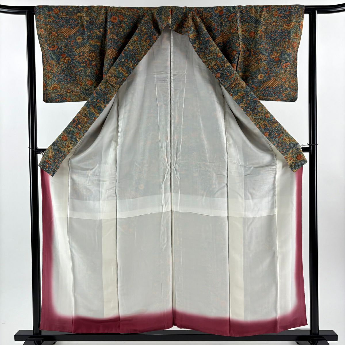 【美品】 小紋 身長157.5cm 袖長61cm S 雙層 草花紋紋 鳥 茶綠 純蠶絲 優品級