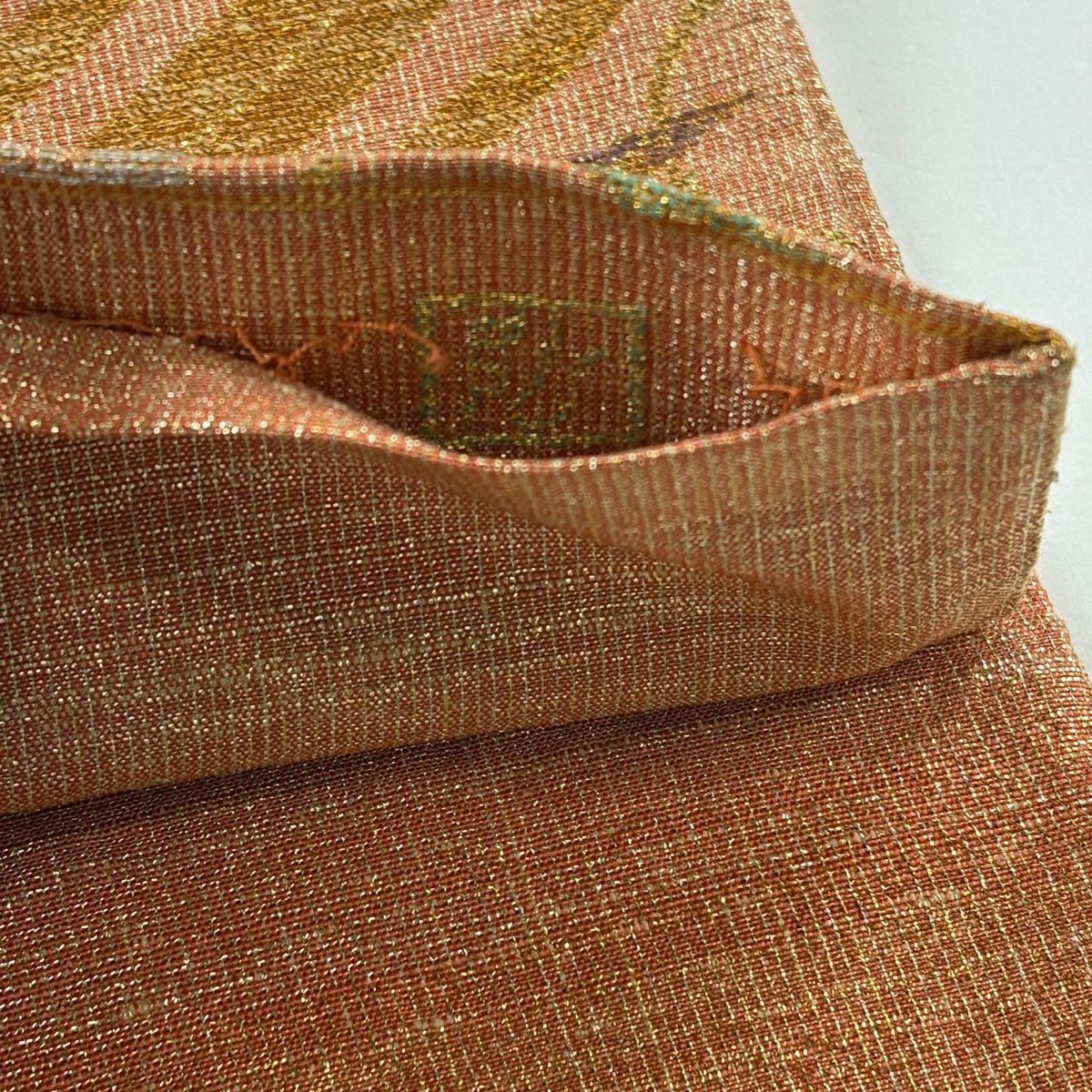 袋帶 逸品級 桝屋高尾 有落款 向鳥 菱 金絲 金金箔 橙色 六通 純蠶絲