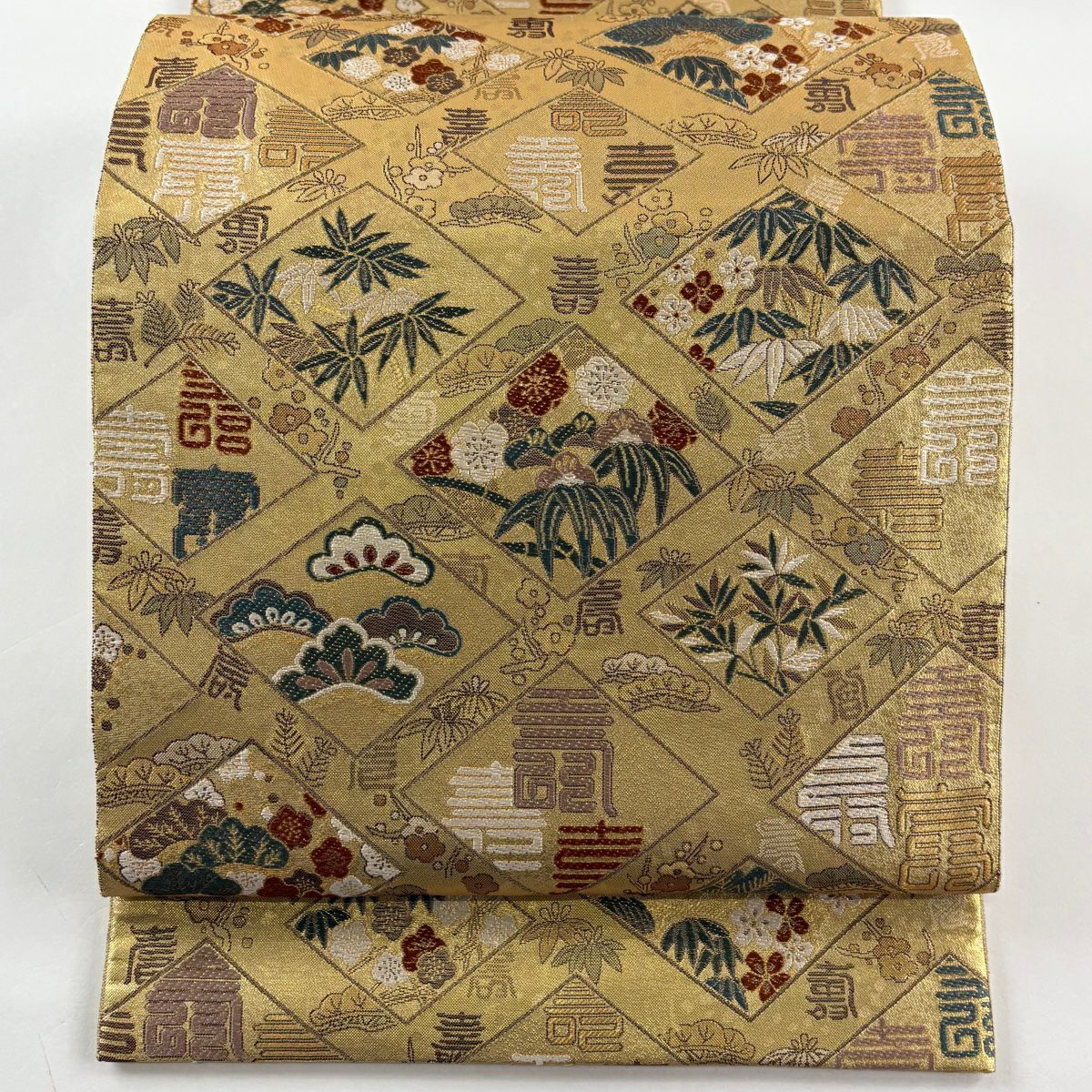 【美品】 袋帶 逸品級 落款あり 証紙あり 小森草木染工房 本場筑前博多織 佐賀錦 秋月織 菱 松樹竹子梅花 金糸 金金箔 金色 全通 純蠶絲