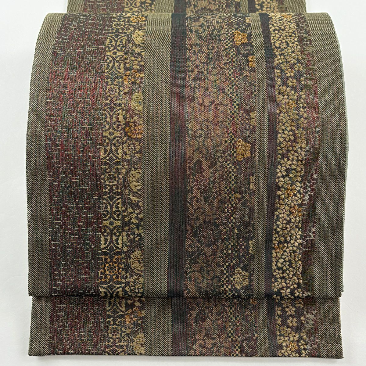 【美品】 袋帶 逸品級 證書齊全 縞花唐草紋 金絲 鶯色 全通 純蠶絲