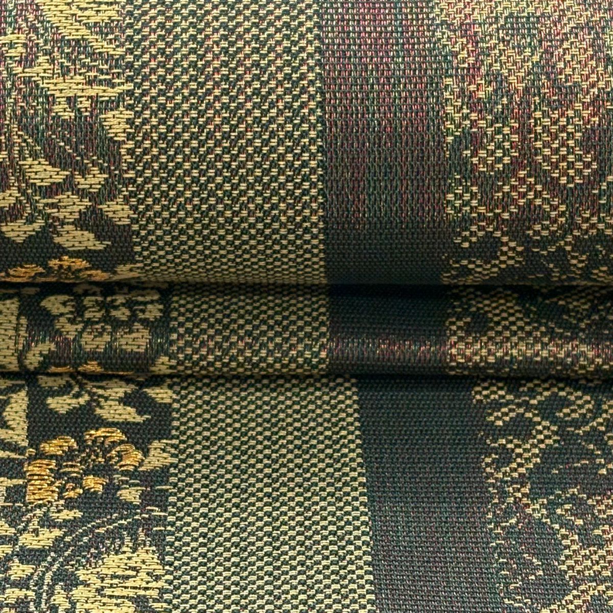 【美品】 袋帶 逸品級 證書齊全 縞花唐草紋 金絲 鶯色 全通 純蠶絲