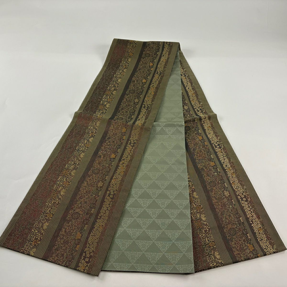 【美品】 袋帶 逸品級 證書齊全 縞花唐草紋 金絲 鶯色 全通 純蠶絲