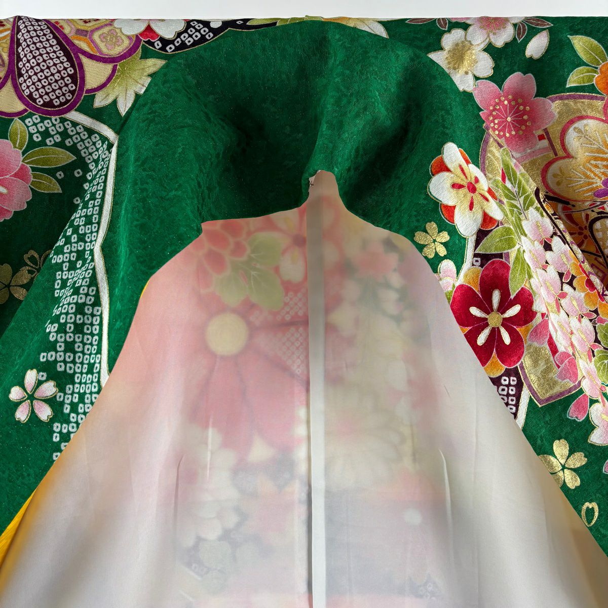 振袖禮服 身長161cm 袖長67cm M 雙層 御所車 菊花 金銀彩 綠 純蠶絲 逸品級