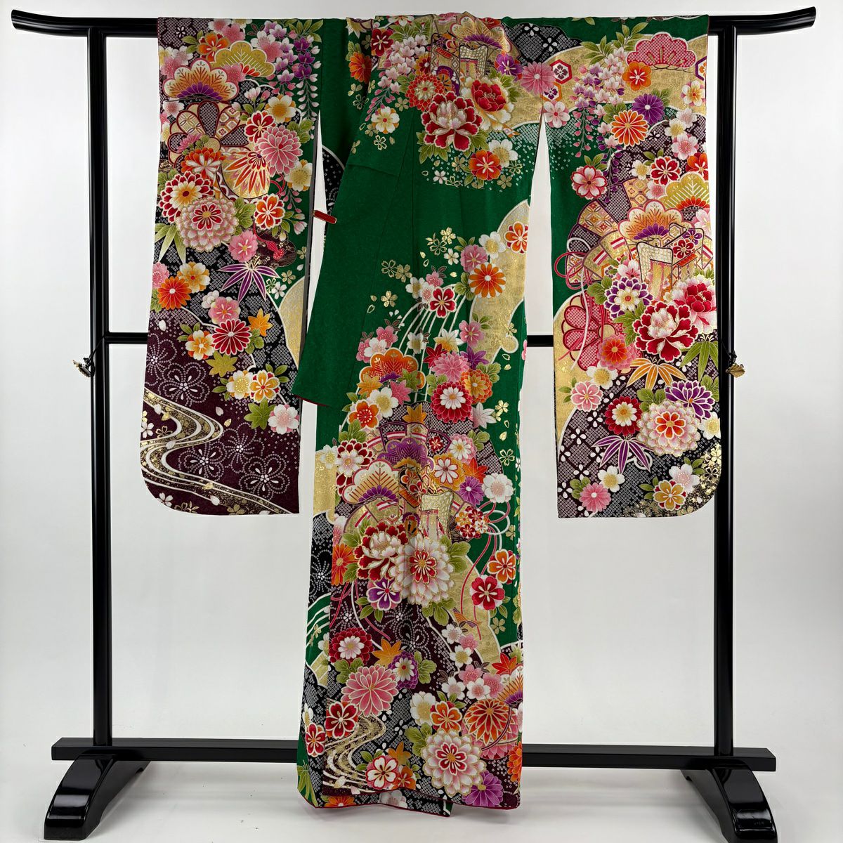 振袖禮服 身長161cm 袖長67cm M 雙層 御所車 菊花 金銀彩 綠 純蠶絲 逸品級