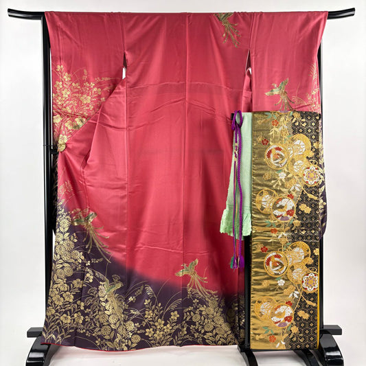 【美品】振袖禮服 身長165.5cm 袖長68cm L 雙層 袋帶全套 鳳凰 草花紋紋 金彩裝飾 漸層 深粉色 純蠶絲 優品級