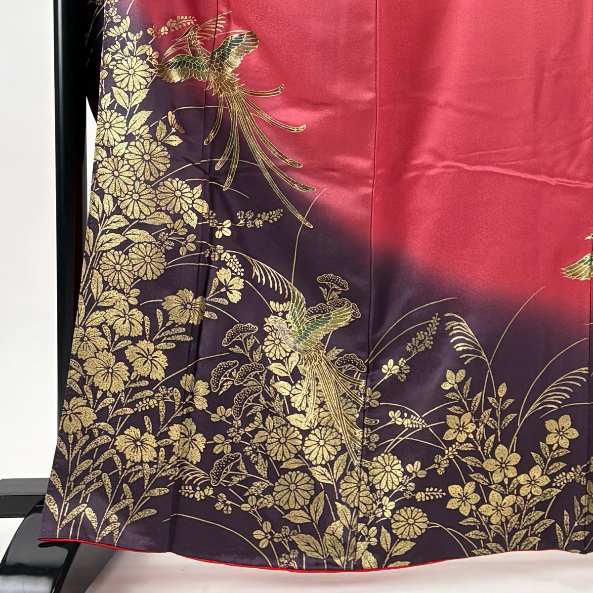 【美品】振袖禮服 身長165.5cm 袖長68cm L 雙層 袋帶全套 鳳凰 草花紋紋 金彩裝飾 漸層 深粉色 純蠶絲 優品級