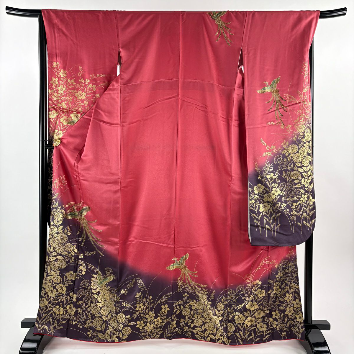 【美品】振袖禮服 身長165.5cm 袖長68cm L 雙層 袋帶全套 鳳凰 草花紋紋 金彩裝飾 漸層 深粉色 純蠶絲 優品級