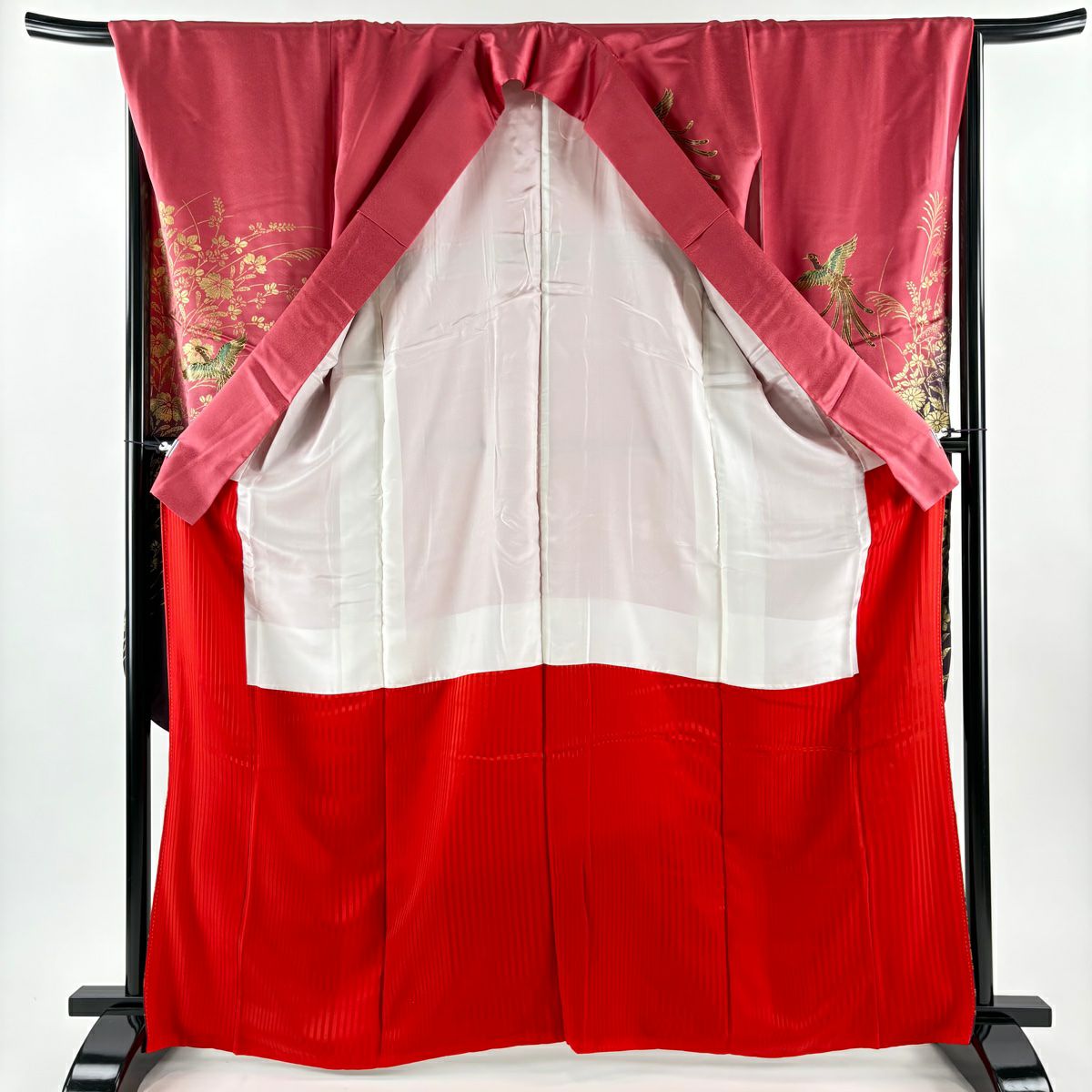 【美品】振袖禮服 身長165.5cm 袖長68cm L 雙層 袋帶全套 鳳凰 草花紋紋 金彩裝飾 漸層 深粉色 純蠶絲 優品級