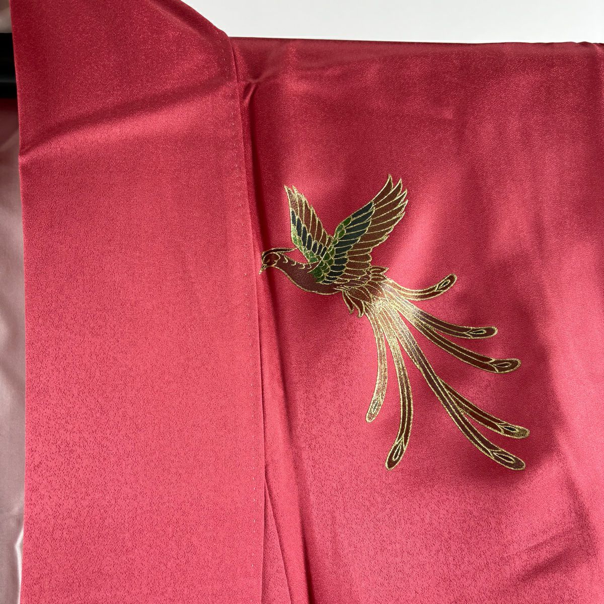【美品】振袖禮服 身長165.5cm 袖長68cm L 雙層 袋帶全套 鳳凰 草花紋紋 金彩裝飾 漸層 深粉色 純蠶絲 優品級