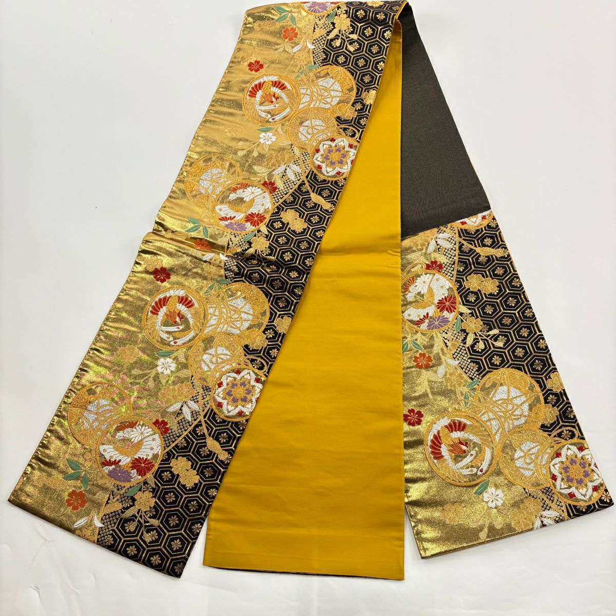 【美品】振袖禮服 身長165.5cm 袖長68cm L 雙層 袋帶全套 鳳凰 草花紋紋 金彩裝飾 漸層 深粉色 純蠶絲 優品級