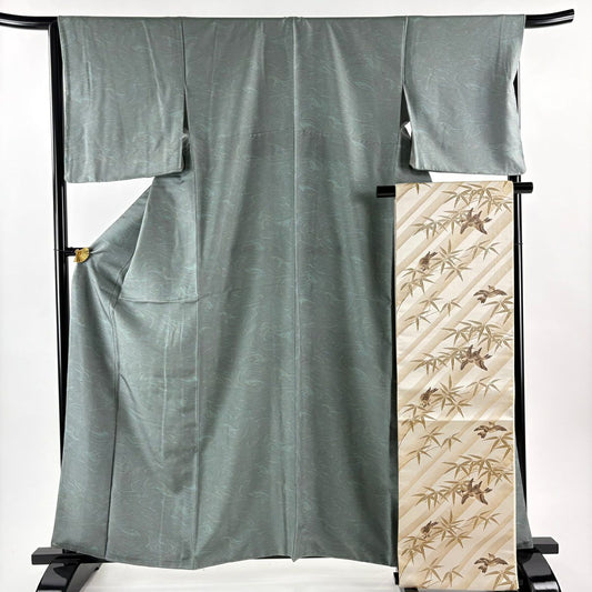 【美品】 小紋 身長162cm 袖長66.5cm M 雙層 袋帶套裝 證書齊全 墨流 灰綠 純蠶絲 名品級