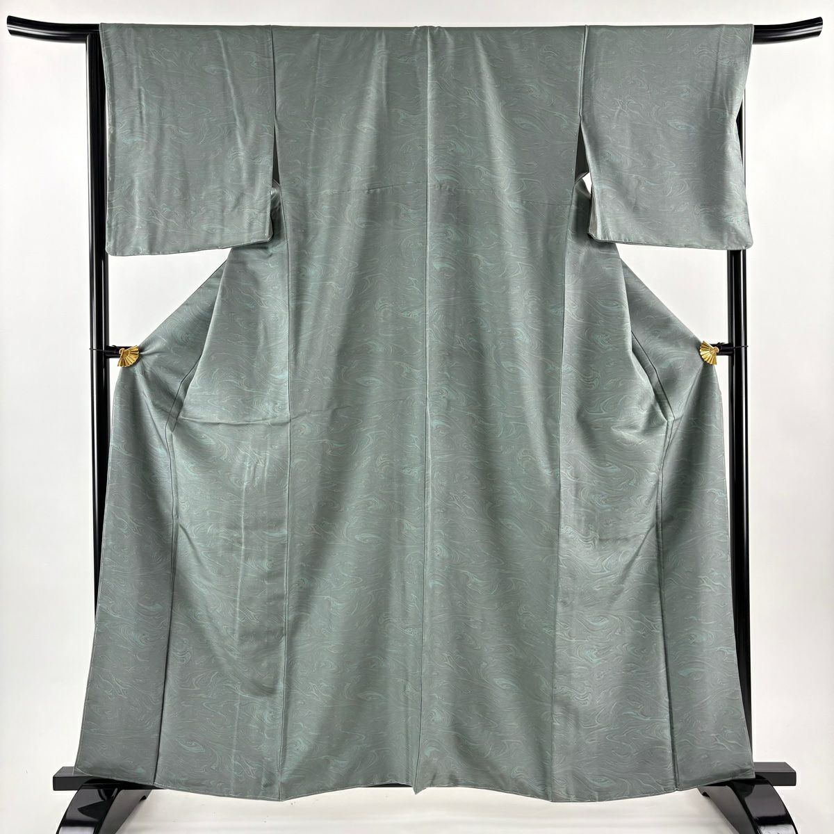 【美品】 小紋 身長162cm 袖長66.5cm M 雙層 袋帶套裝 證書齊全 墨流 灰綠 純蠶絲 名品級