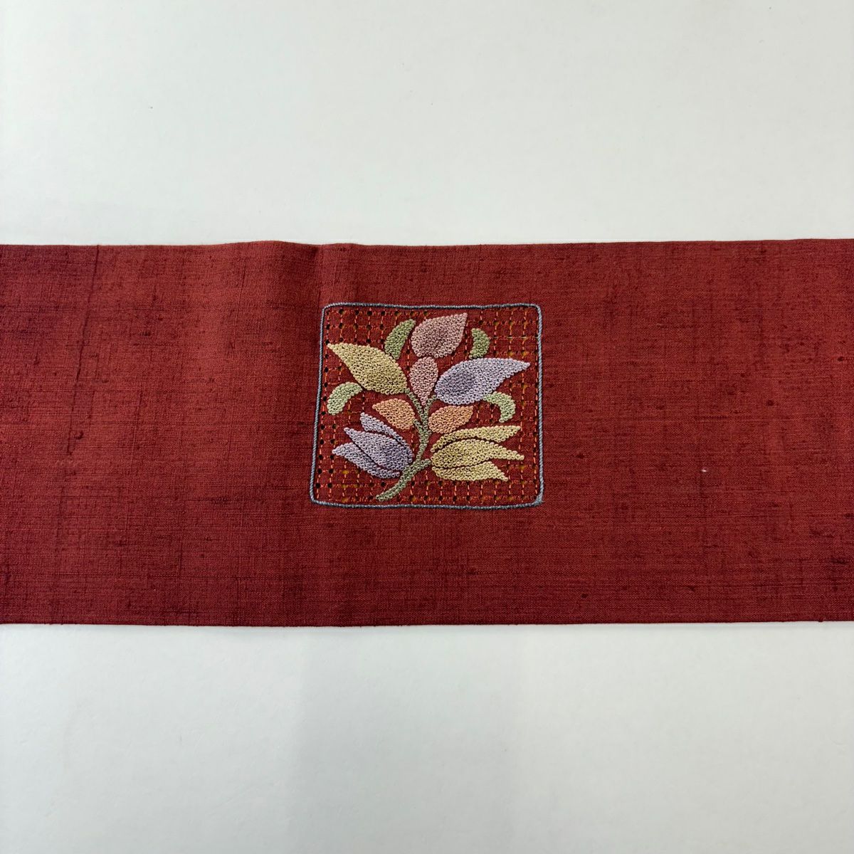 名古屋帶 秀品級 紬織織 草花紋紋 刺繡 紅茶 純蠶絲
